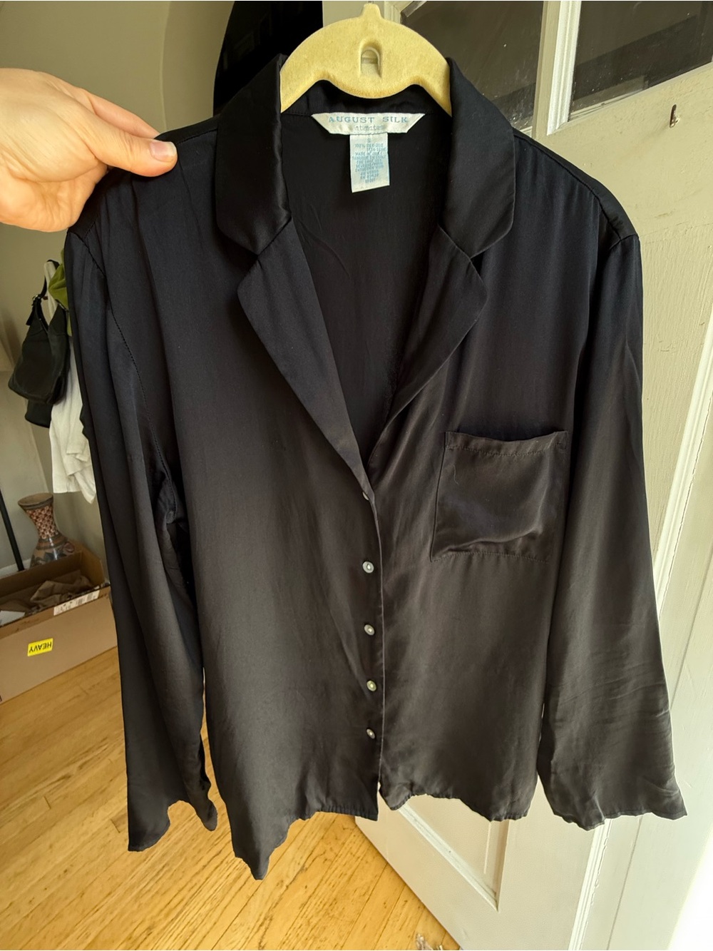 august silk Black Satin Button-Front Sleep Shirt Blouse